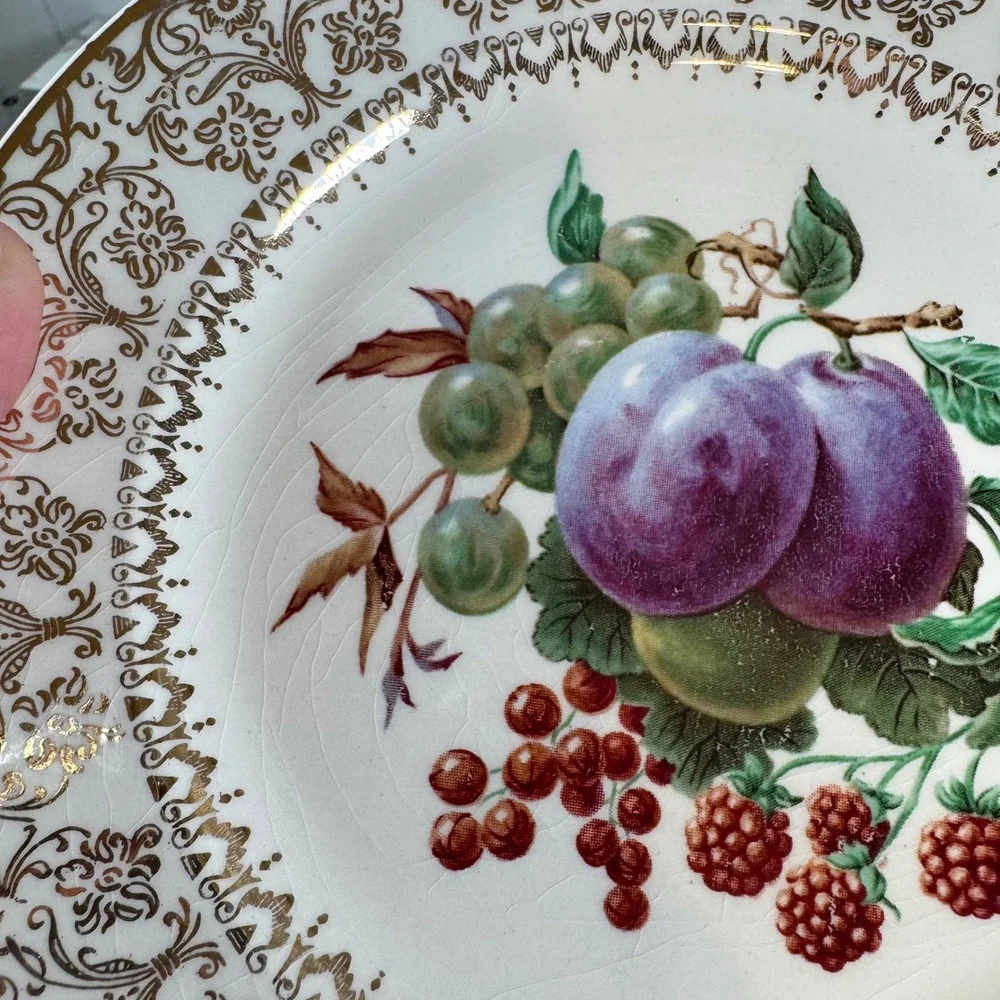 Lot of‎ 6 Salem Ovenproof Salad Plates Fruit Pattern 23K Gold Rims 7.25